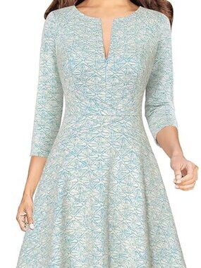 Fit and Flare Skater Front Zipper A-Line Dresses 3/4 Sleeve